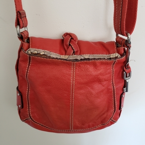 Fossil Leather Crossbody Bag Shoulder Canvas Strap Braided Floral Satin Lined - Picture 4 of 15